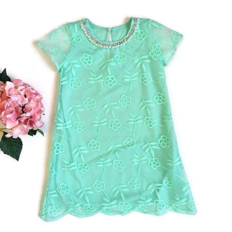 VESTIDO MENTA PERLAS BORDADO NIÑA - Mibebu -  Ropa Infantil