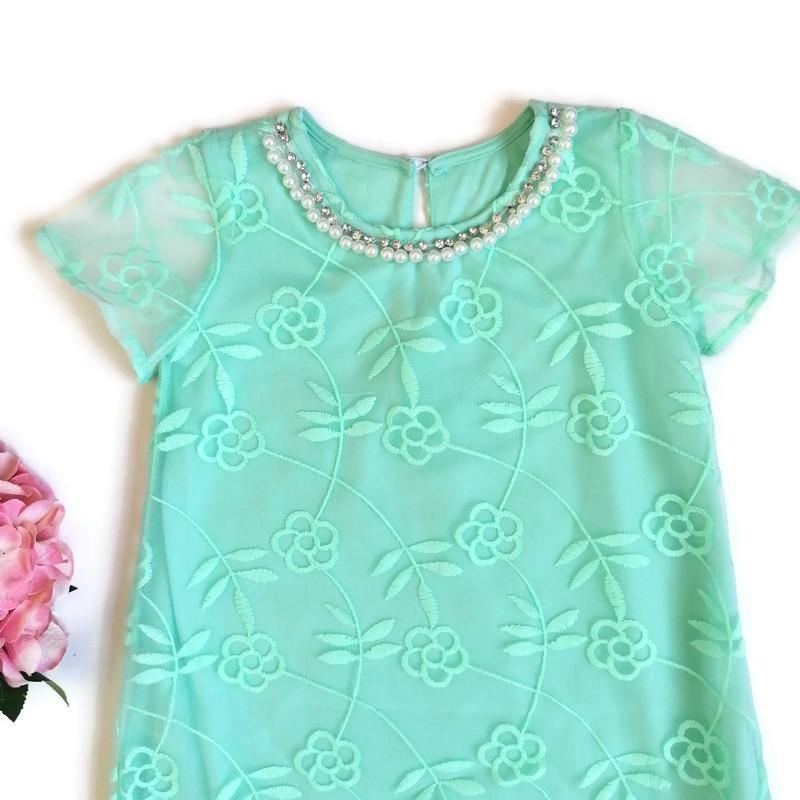 VESTIDO MENTA PERLAS BORDADO NIÑA - Mibebu -  Ropa Infantil