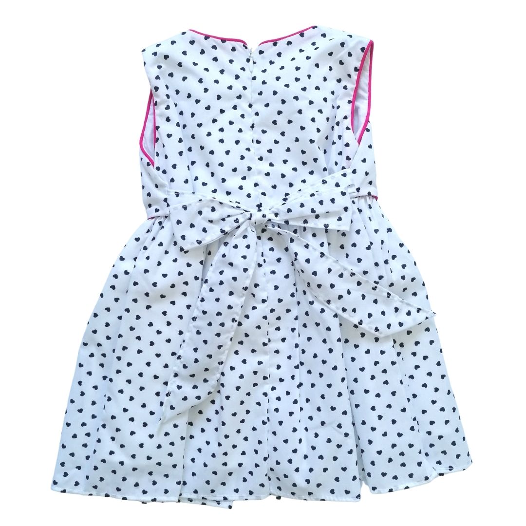 VESTIDO BLANCO CORAZONES AZULES  MOÑO NIÑA